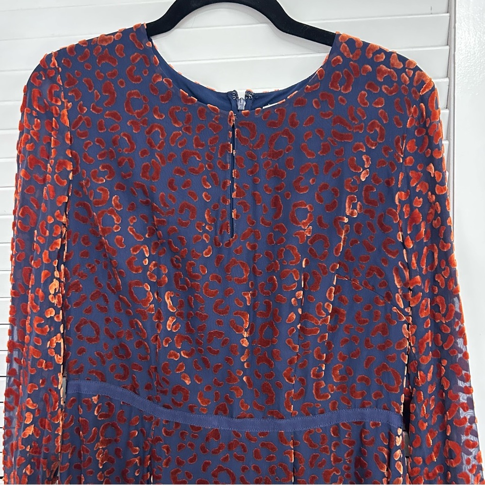 Boden Marie long sleeve midi dress navy blue orange velvet animal print sz 12 - Picture 5 of 8